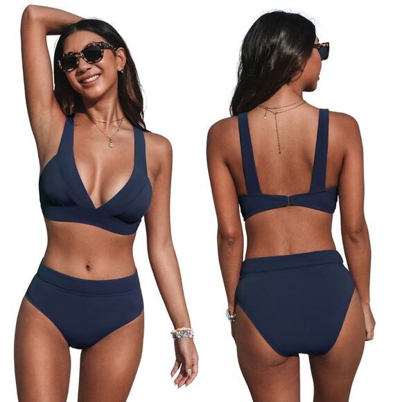 Cupshe Longline V Neck Bralette & Navy Classic High Waist Bikini Set Dark Navy L - Picture 1 of 8